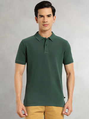 Thomas Scott Men Green Short Sleeves Regular Fit Solid 100% Cotton Polo Collar Knitted T-shirt