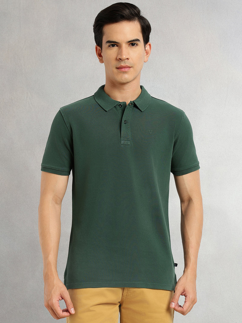 Thomas Scott Men Green Short Sleeves Regular Fit Solid 100% Cotton Polo Collar Knitted T-shirt