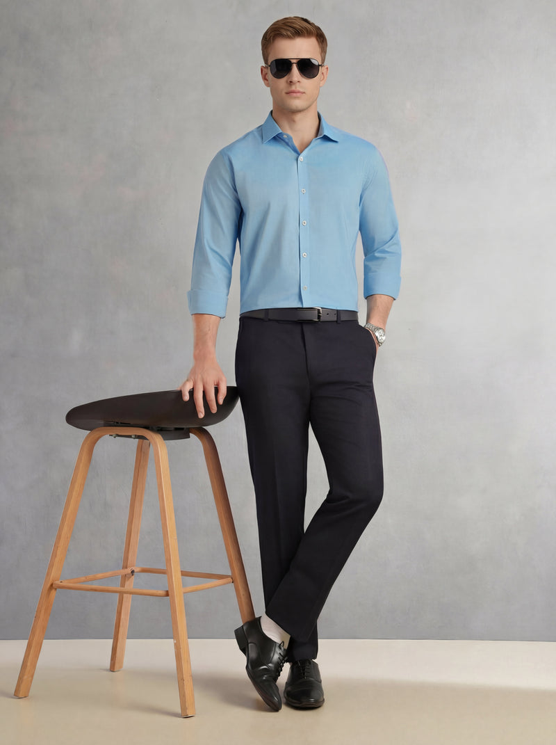 Thomas Scott Men Sky Blue Regular Fit Long Sleeves Spread Collar 100% Cotton Oxford Formal Shirt