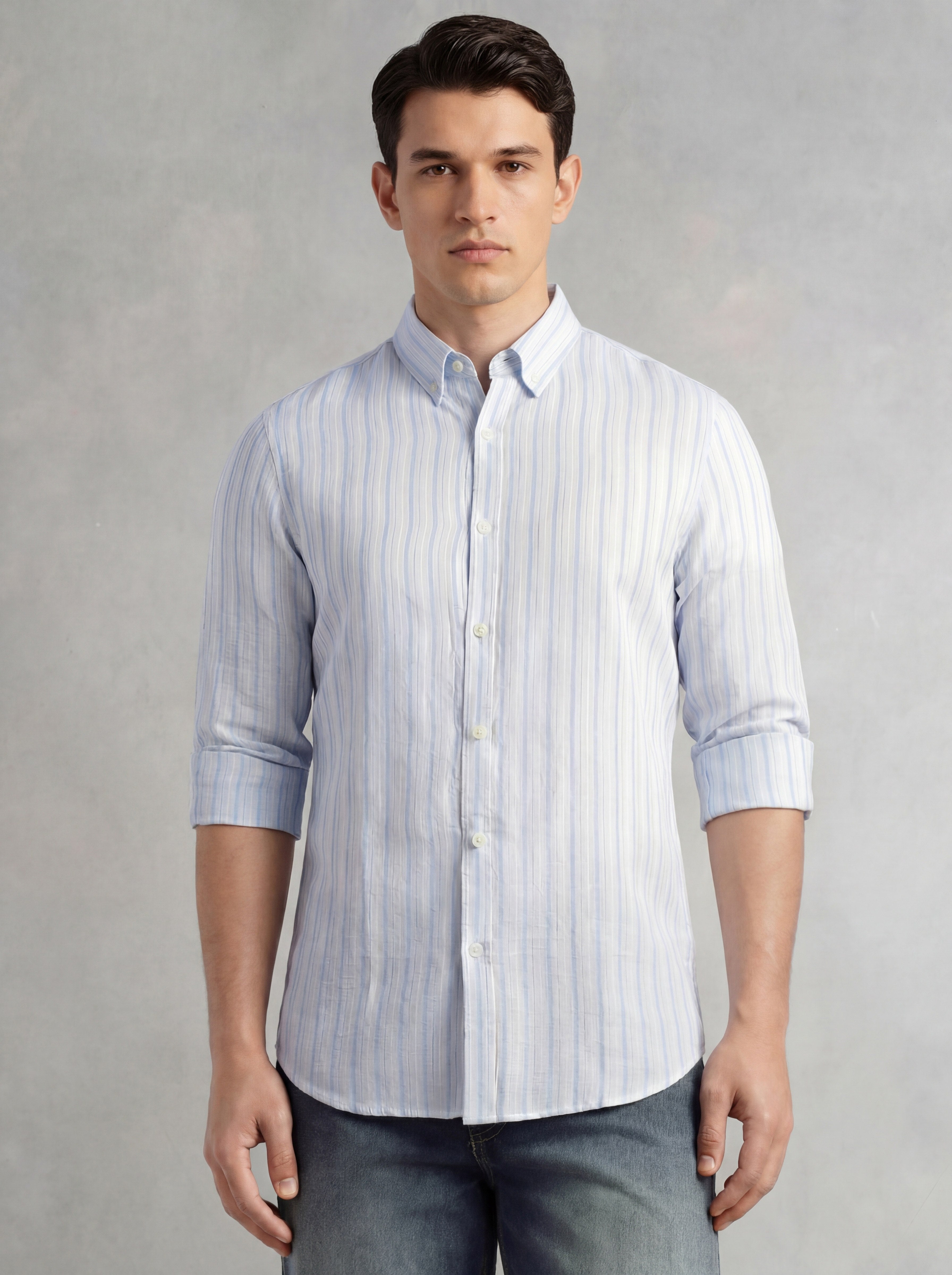 Thomas Scott Men Blue Slim Fit Long Sleeve Button-Down Collar Vertical Striped Linen Casual Shirt