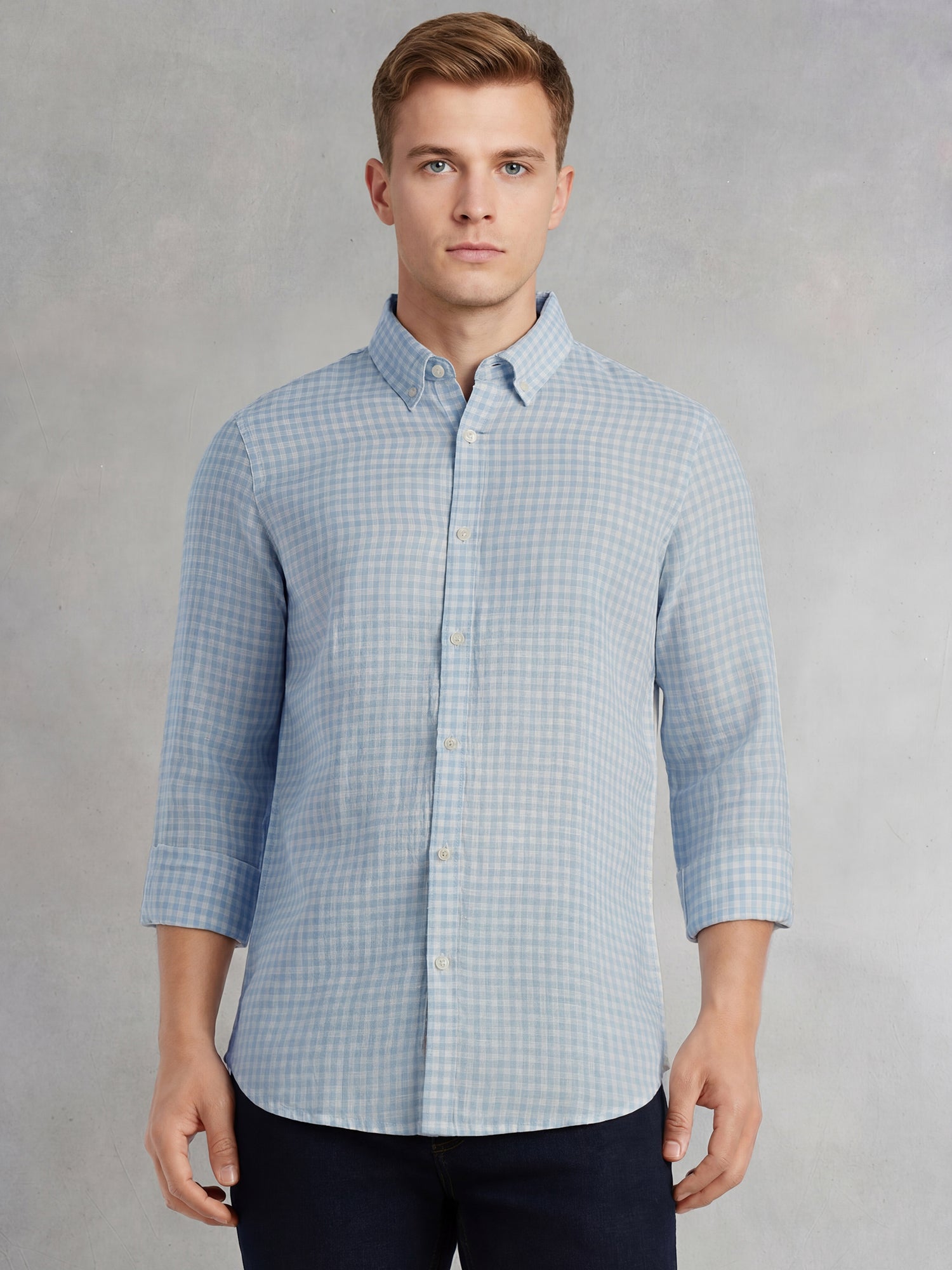 Thomas Scott Men Blue Slim Fit Long Sleeves Button-Down Collar Gingham Checks Linen Casual Shirt
