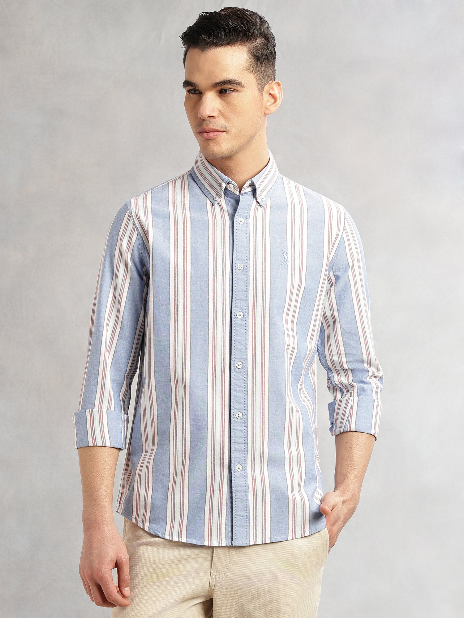 Thomas Scott Men Blue Cricket Club Collection Slim Fit Long Sleeves Button-Down Collar Multi Stripes 100% Cotton Casual Shirt