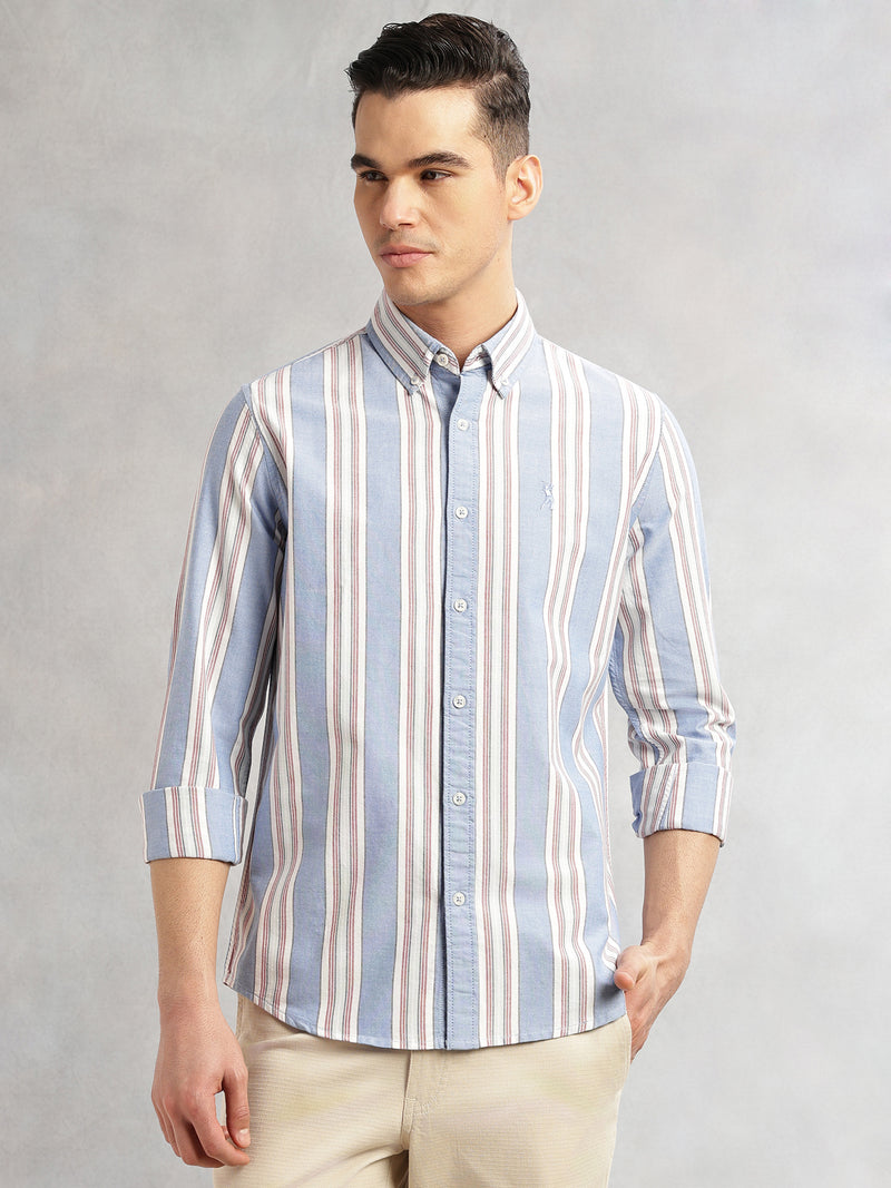 Thomas Scott Men Blue Cricket Club Collection Slim Fit Long Sleeves Button-Down Collar Multi Stripes 100% Cotton Casual Shirt