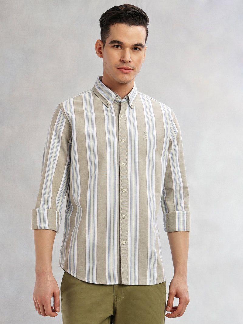 Thomas Scott Men Green Cricket Club Collection Slim Fit Long Sleeves Button-Down Collar Multi Stripes 100% Cotton Casual Shirt