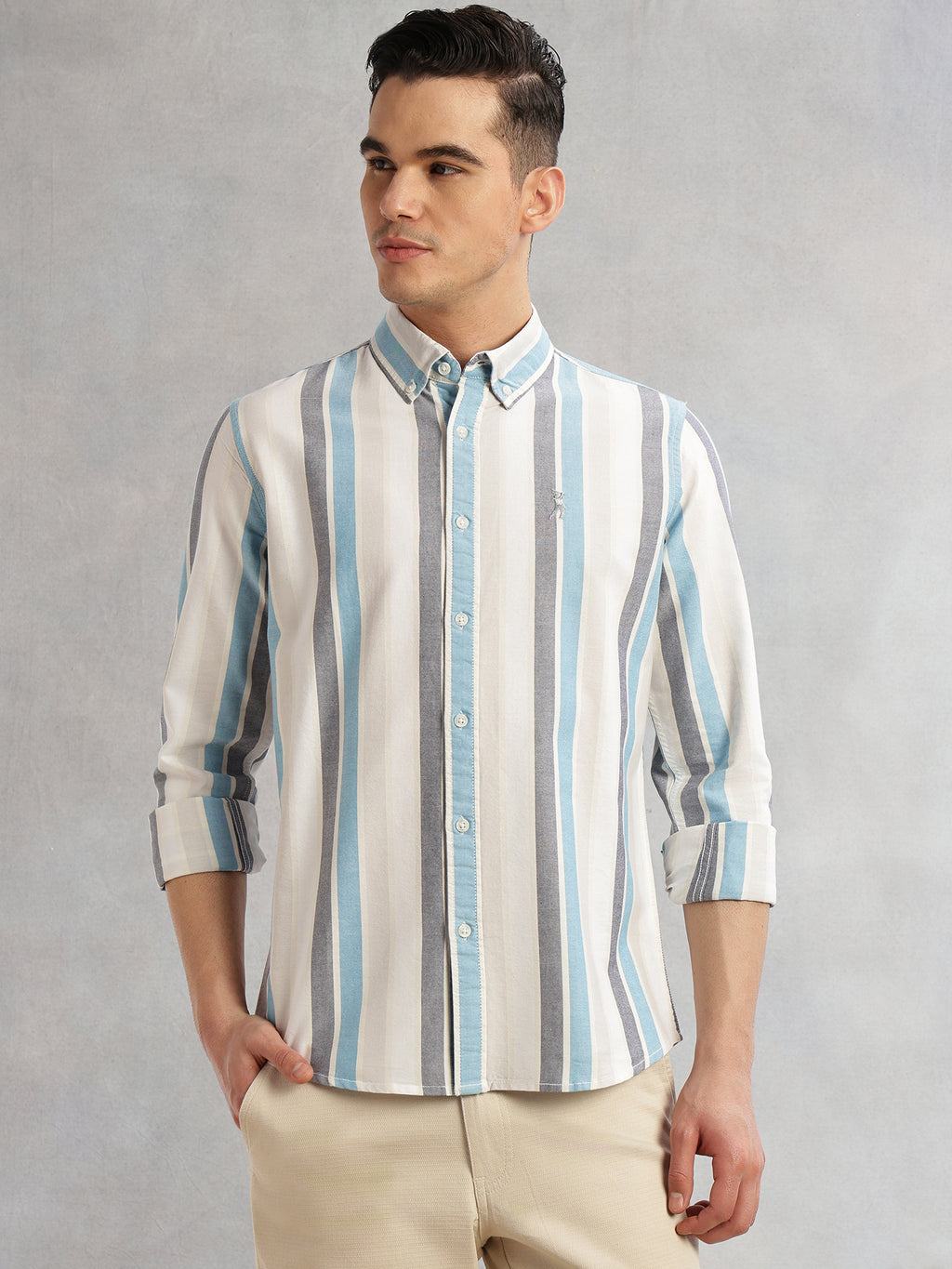 Thomas Scott Men Blue Cricket Club Collection Slim Fit Long Sleeves Button Down Collar Multi Stripes Oxford Casual Shirt