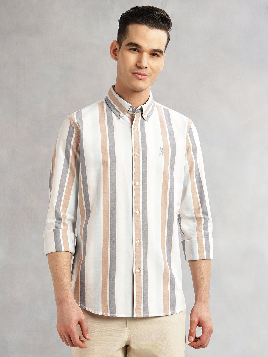 Thomas Scott Men White Cricket Club Collection Slim Fit Long Sleeves Button Down Collar Multi Stripes Oxford Casual Shirt