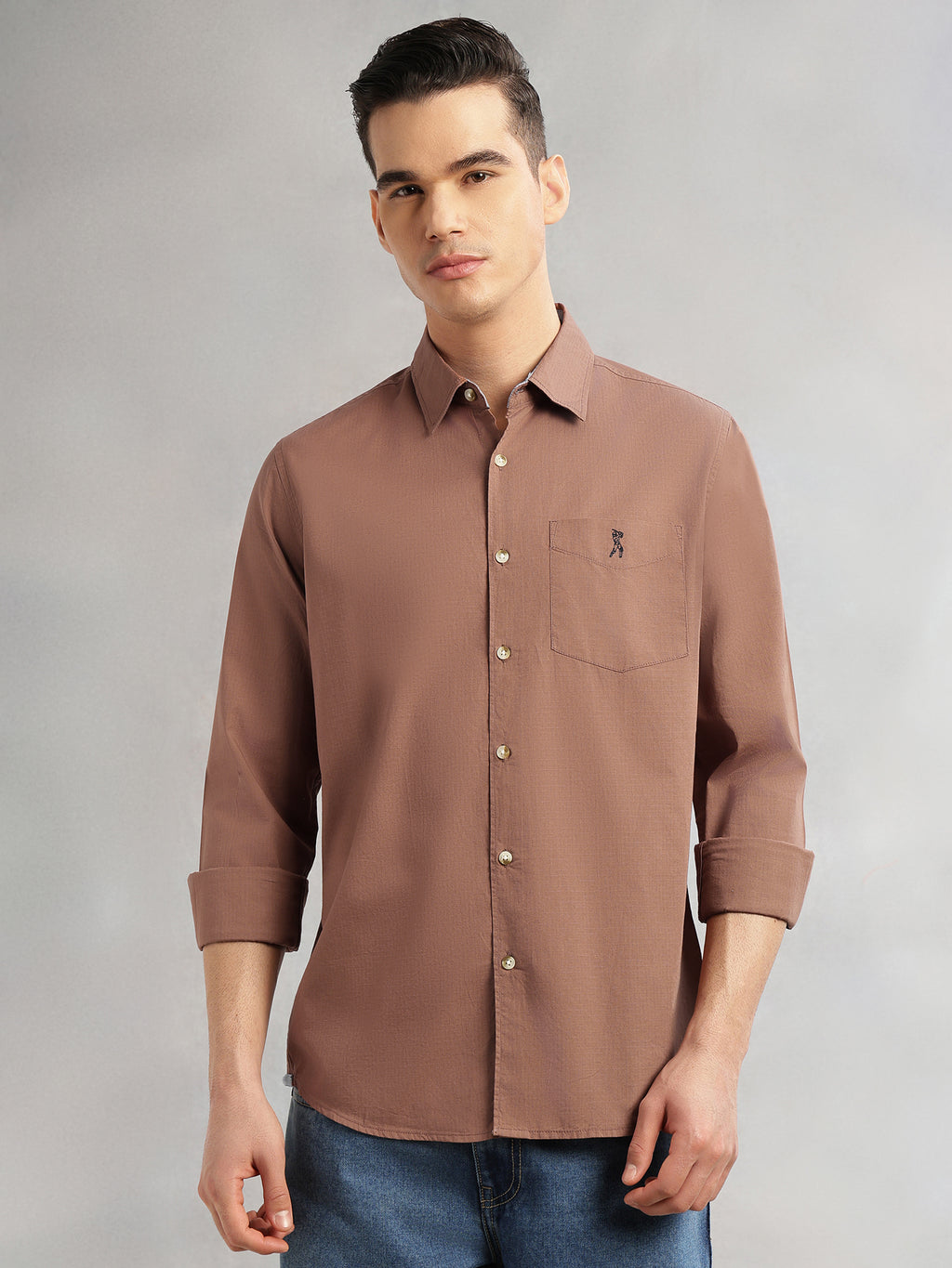 Thomas Scott Men Brown Cricket Club Collection Slim Fit Long Sleeves Spread Collar Solid Cotton Casual Shirt