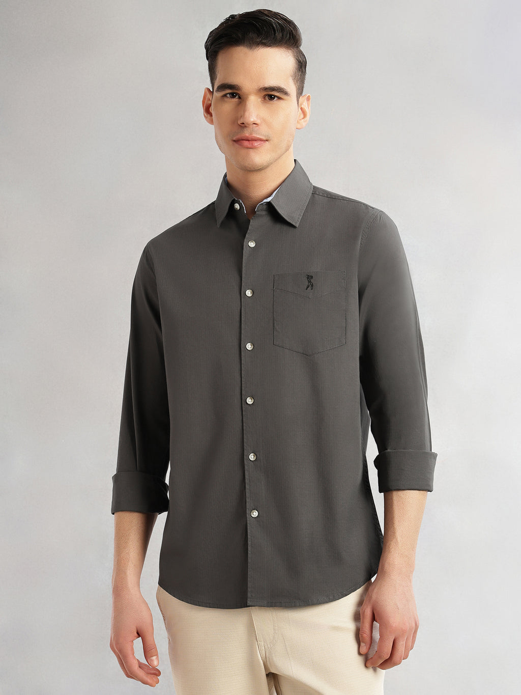 Thomas Scott Men Grey Cricket Club Collection Slim Fit Long Sleeves Spread Collar Solid Cotton Casual Shirt