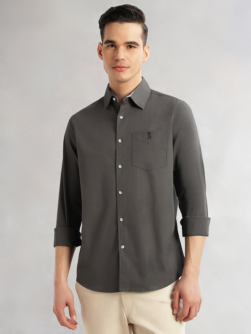Thomas Scott Men Grey Cricket Club Collection Slim Fit Long Sleeves Spread Collar Solid Cotton Casual Shirt
