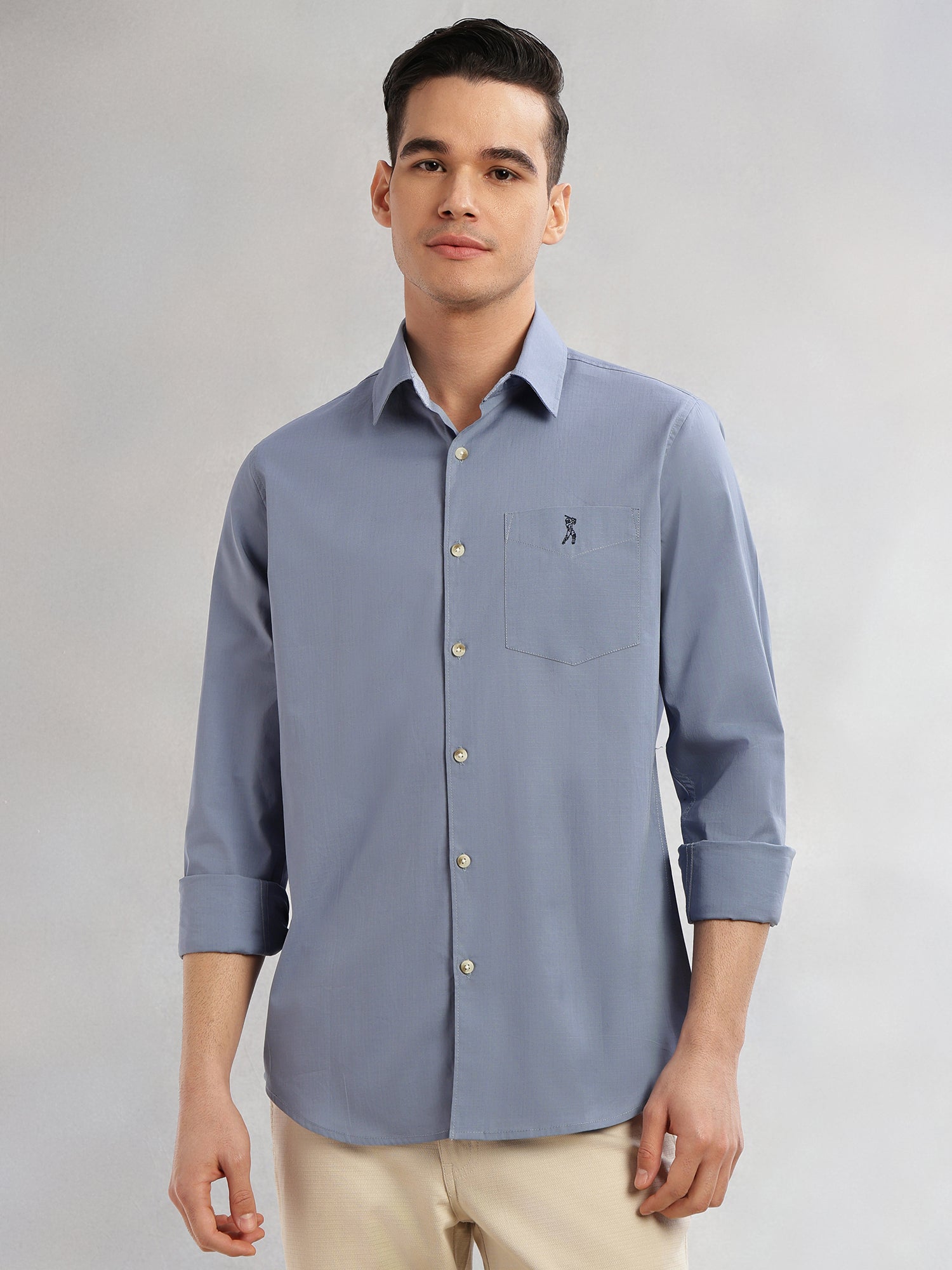 Thomas Scott Men Mid Blue Cricket Club Collection Slim Fit Long Sleeves Spread Collar Solid Cotton Casual Shirt