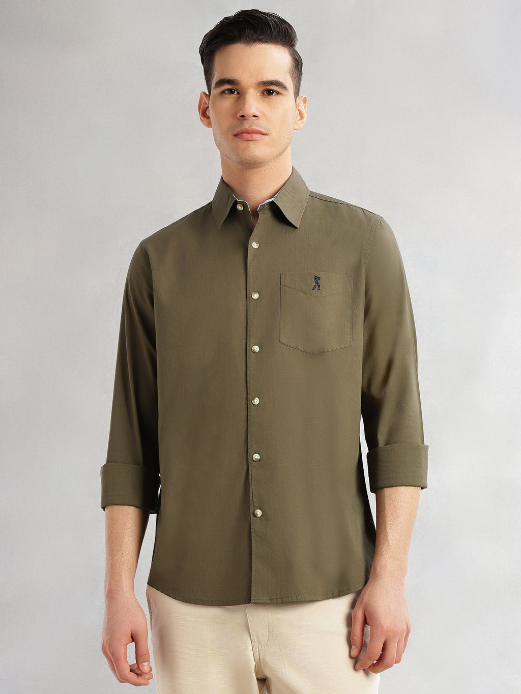 Thomas Scott Men Olive Cricket Club Collection Slim Fit Long Sleeves Spread Collar Solid Cotton Casual Shirt