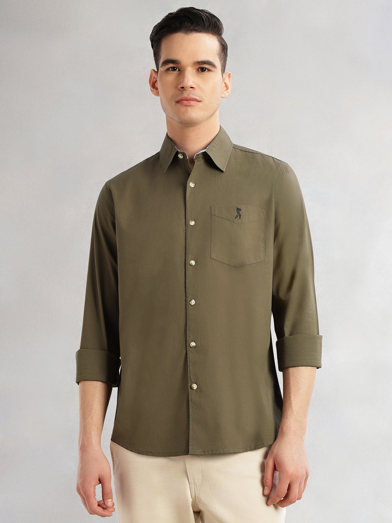 Thomas Scott Men Olive Cricket Club Collection Slim Fit Long Sleeves Spread Collar Solid Cotton Casual Shirt