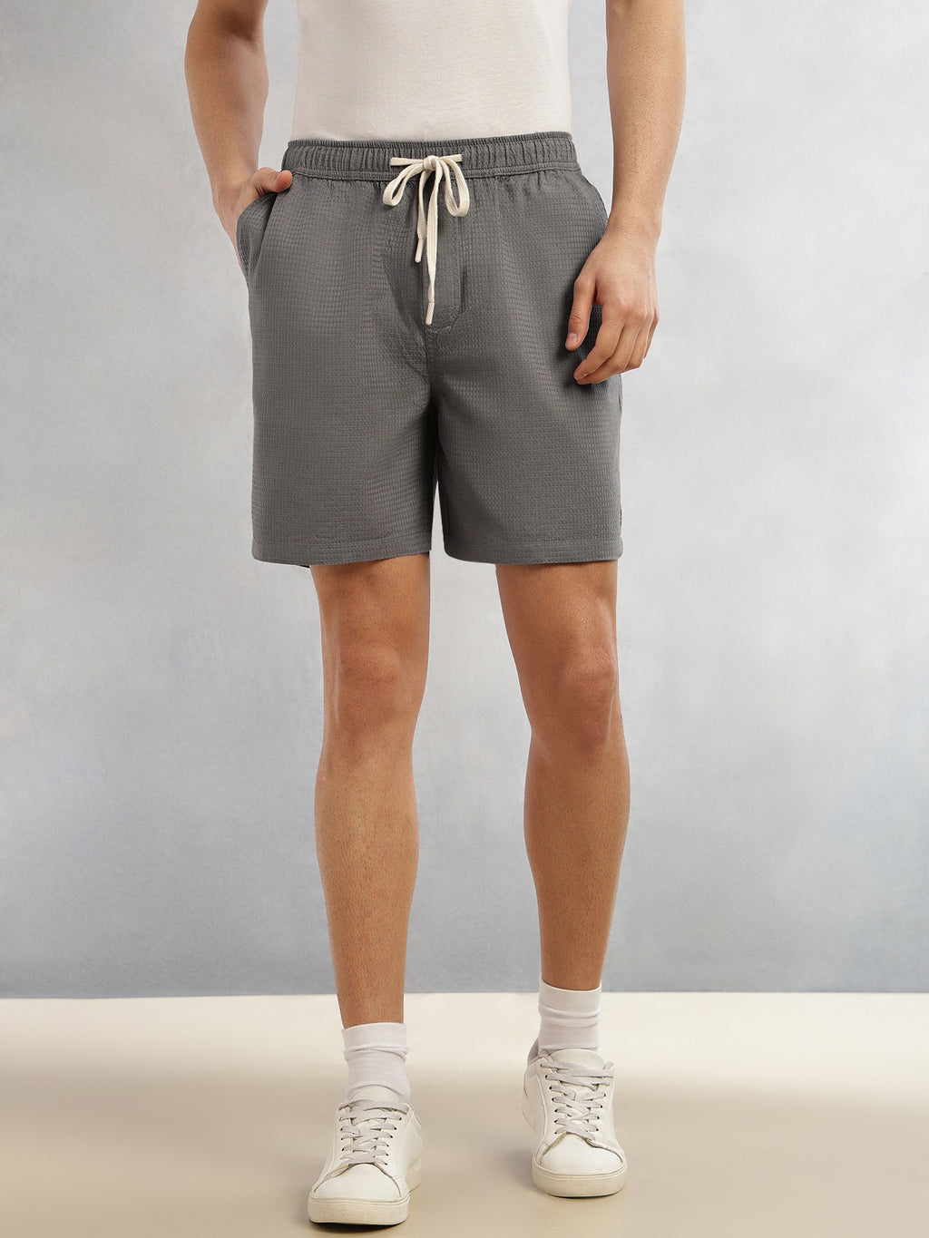 Thomas Scott Men Grey Cricket Club Collection Straight Fit Textured Waffle Cotton Shorts
