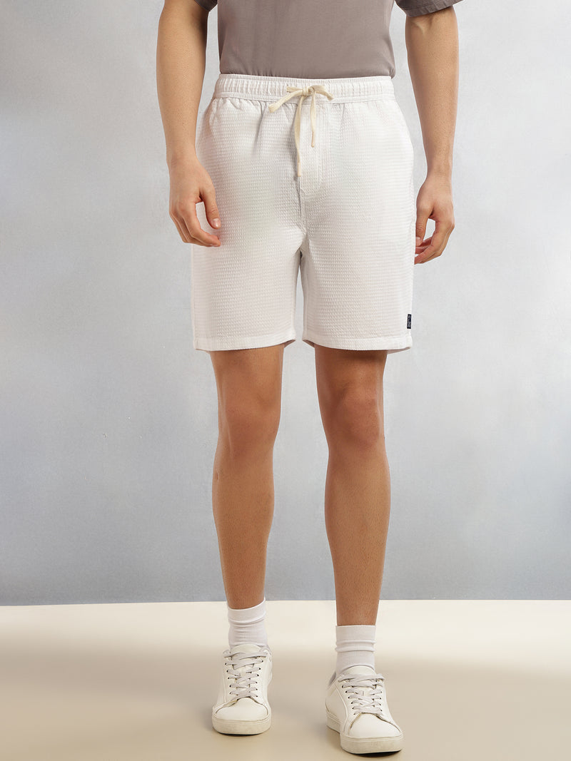 Thomas Scott Men White Cricket Club Collection Straight Fit Textured Waffle Cotton Shorts