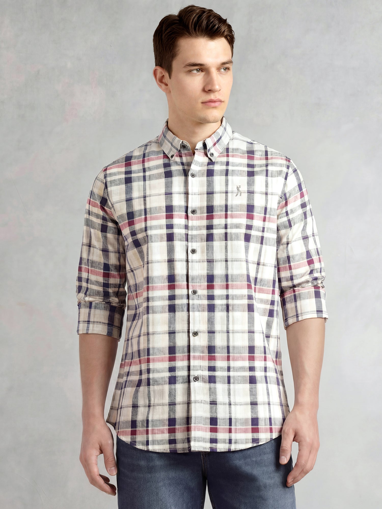 Thomas Scott Men White Cricket Club Collection Slim Fit Long Sleeves Button-Down Collar Cotton Linen Plaid Check Shirt