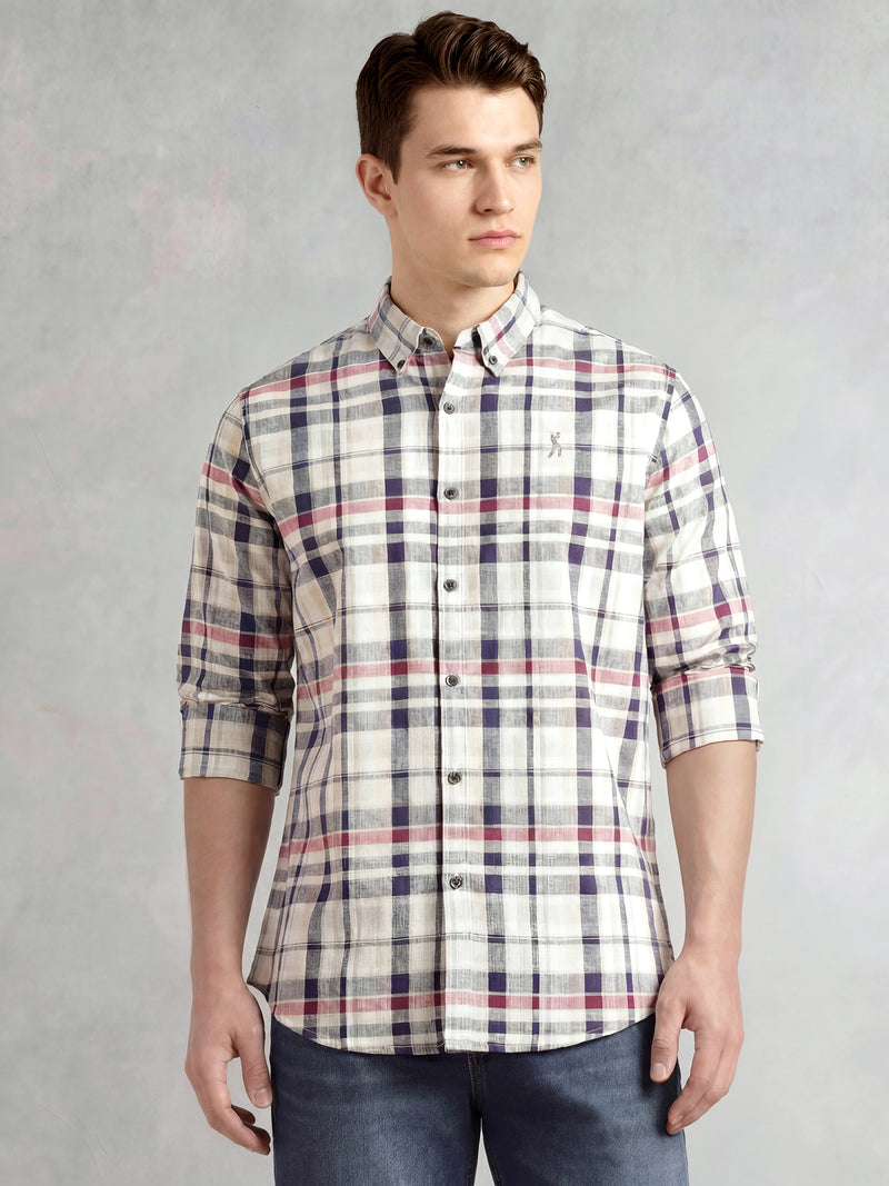 Thomas Scott Men White Cricket Club Collection Slim Fit Long Sleeves Button-Down Collar Cotton Linen Plaid Check Shirt