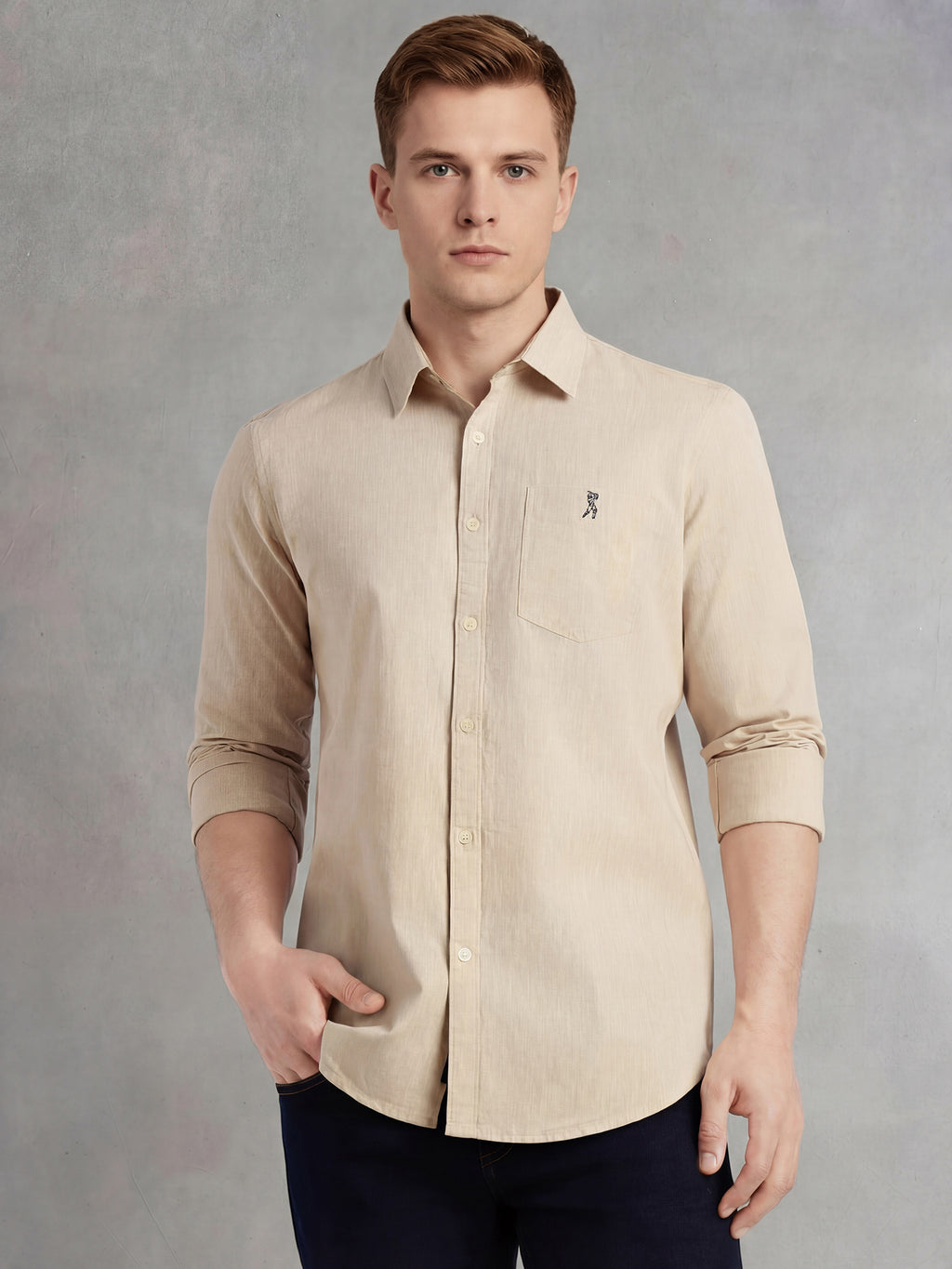 Thomas Scott Men Beige Cricket Club Collection Slim Fit Long Sleeves Spread Collar Solid Cotton Linen Shirt