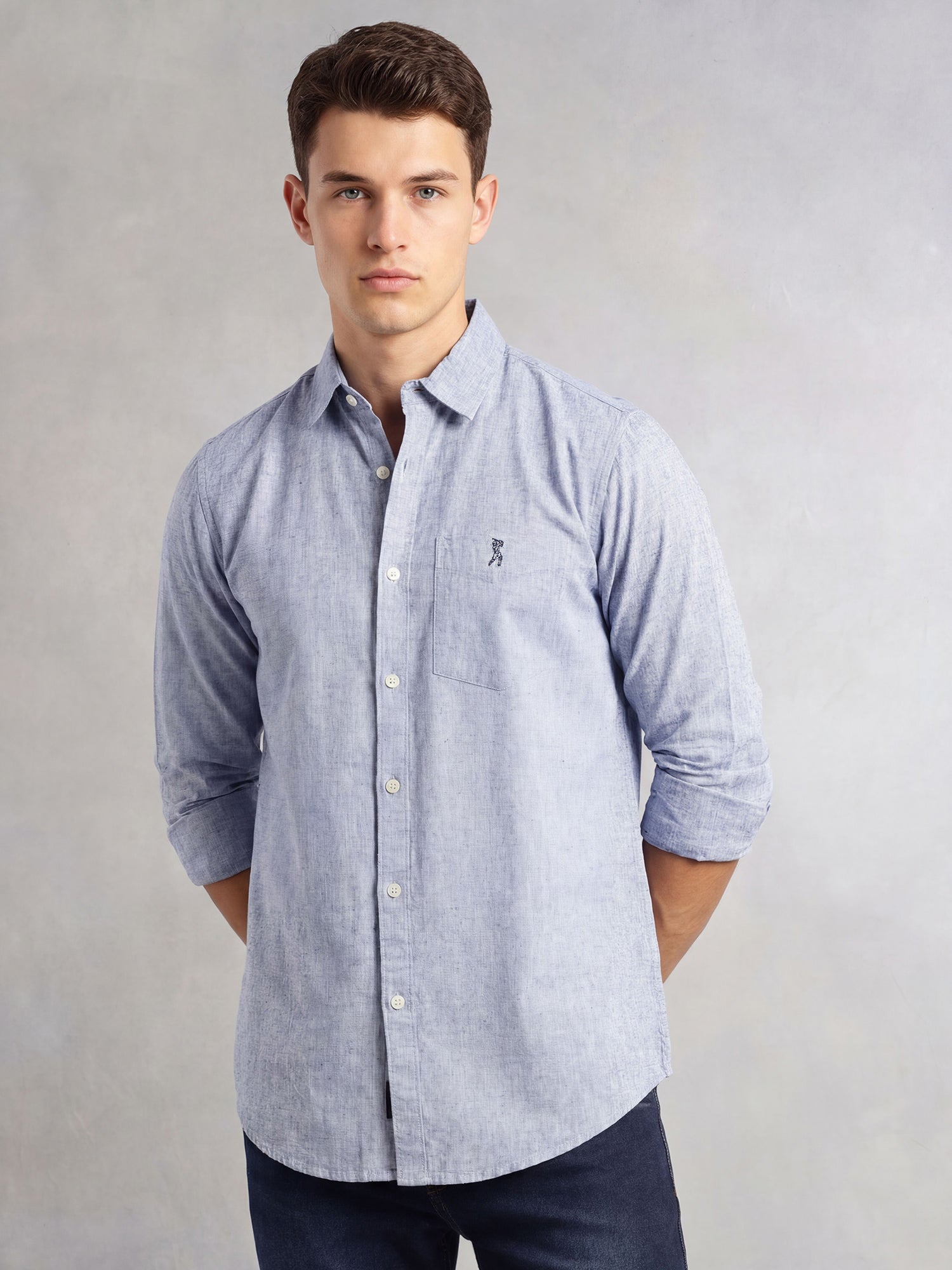Thomas Scott Men Blue Cricket Club Collection Slim Fit Long Sleeves Spread Collar Solid Cotton Linen Shirt