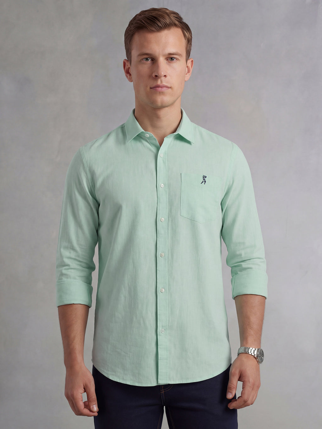 Thomas Scott Men Green Cricket Club Collection Slim Fit Long Sleeves Spread Collar Solid Cotton Linen Shirt