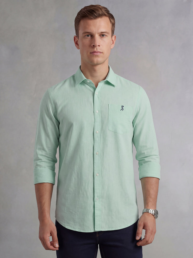Thomas Scott Men Green Cricket Club Collection Slim Fit Long Sleeves Spread Collar Solid Cotton Linen Shirt