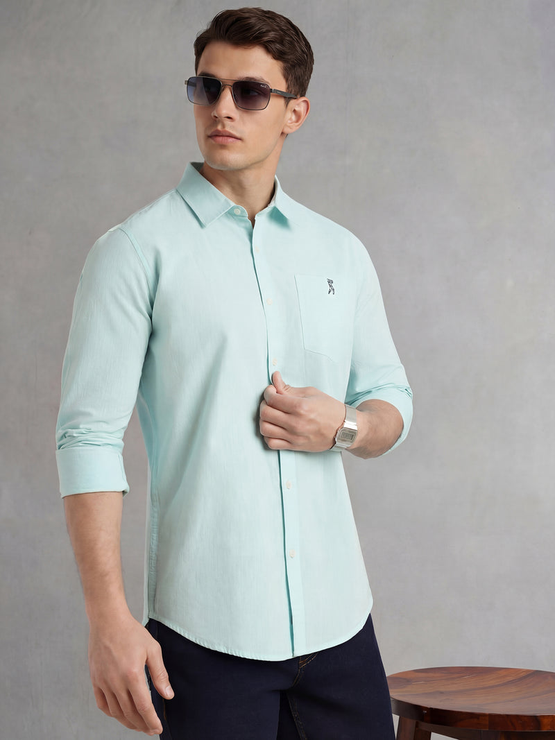 Thomas Scott Men Mint Cricket Club Collection Slim Fit Long Sleeves Spread Collar Solid Cotton Linen Shirt