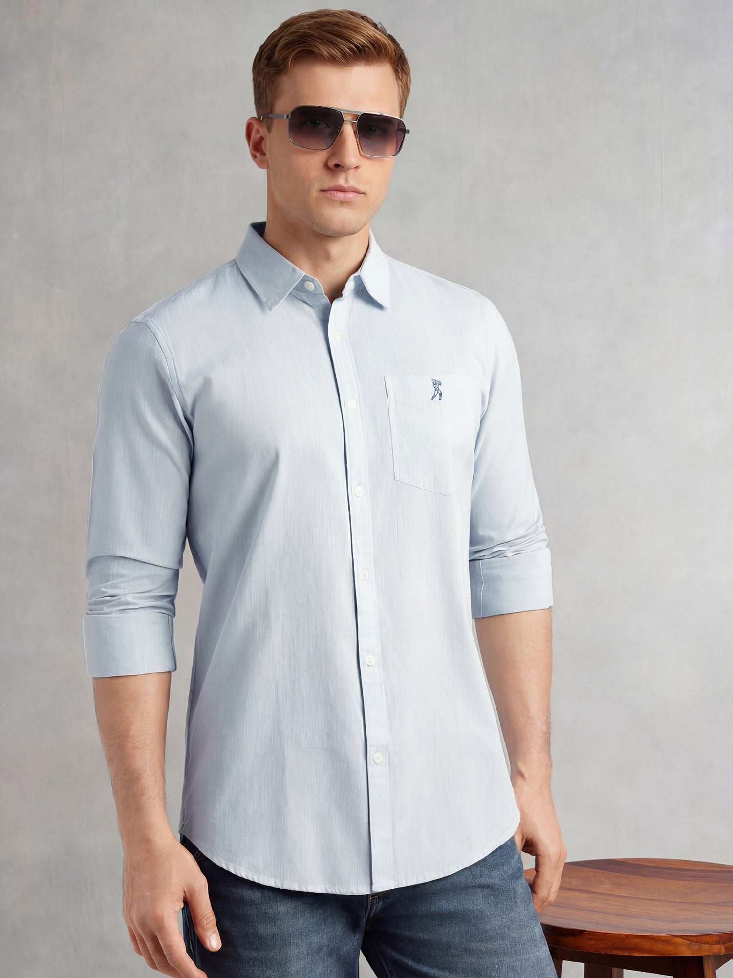 Thomas Scott Men Sky Blue Cricket Club Collection Slim Fit Long Sleeves Spread Collar Solid Cotton Linen Shirt