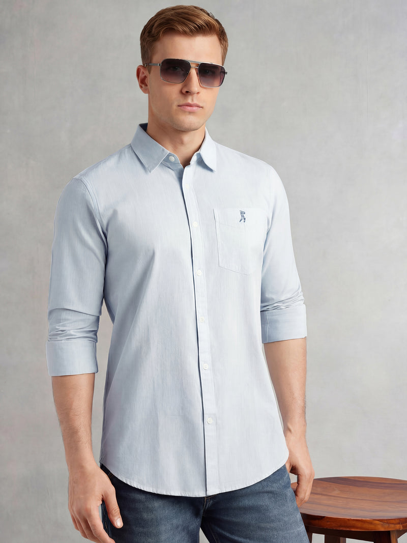 Thomas Scott Men Sky Blue Cricket Club Collection Slim Fit Long Sleeves Spread Collar Solid Cotton Linen Shirt