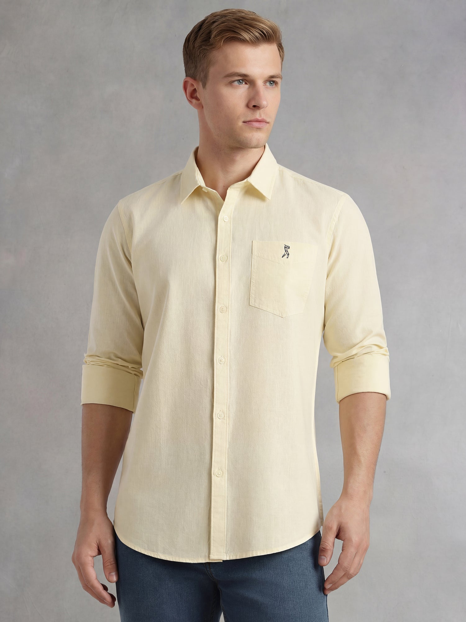 Thomas Scott Men Yellow Cricket Club Collection Slim Fit Long Sleeves Spread Collar Solid Cotton Linen Shirt