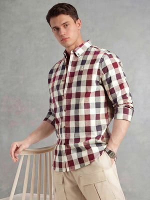 Thomas Scott Men Maroon Cricket Club Collection Long Sleeves Button-Down Collar Cotton Linen Gingham Checks Shirt