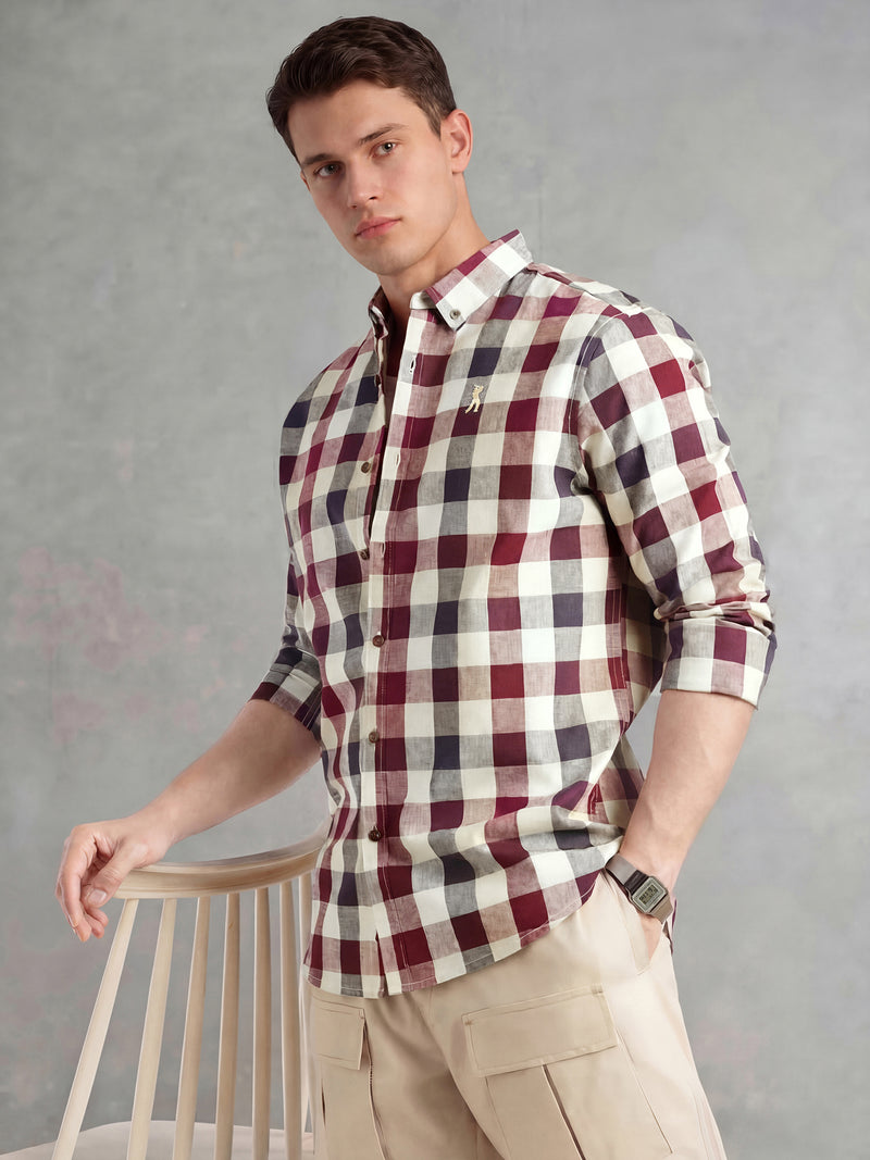 Thomas Scott Men Maroon Cricket Club Collection Long Sleeves Button-Down Collar Cotton Linen Gingham Checks Shirt