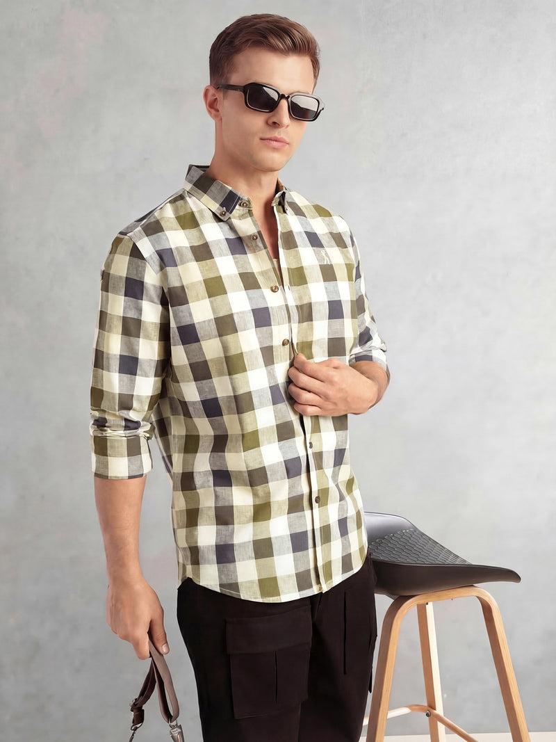 Thomas Scott Men Navy Cricket Club Collection Long Sleeves Button-Down Collar Cotton Linen Gingham Checks Shirt