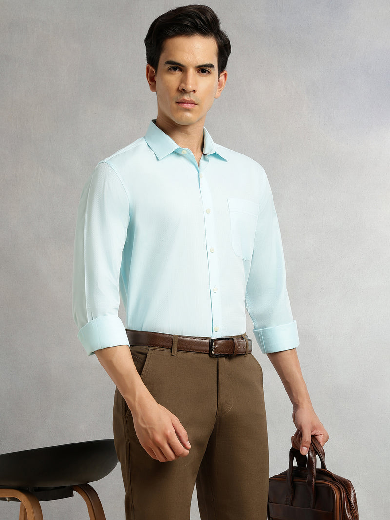 Thomas Scott Men Aqua Regular Fit Long Sleeves Spread Collar with Twill Tape Solid 100% Cotton Formal Shirt