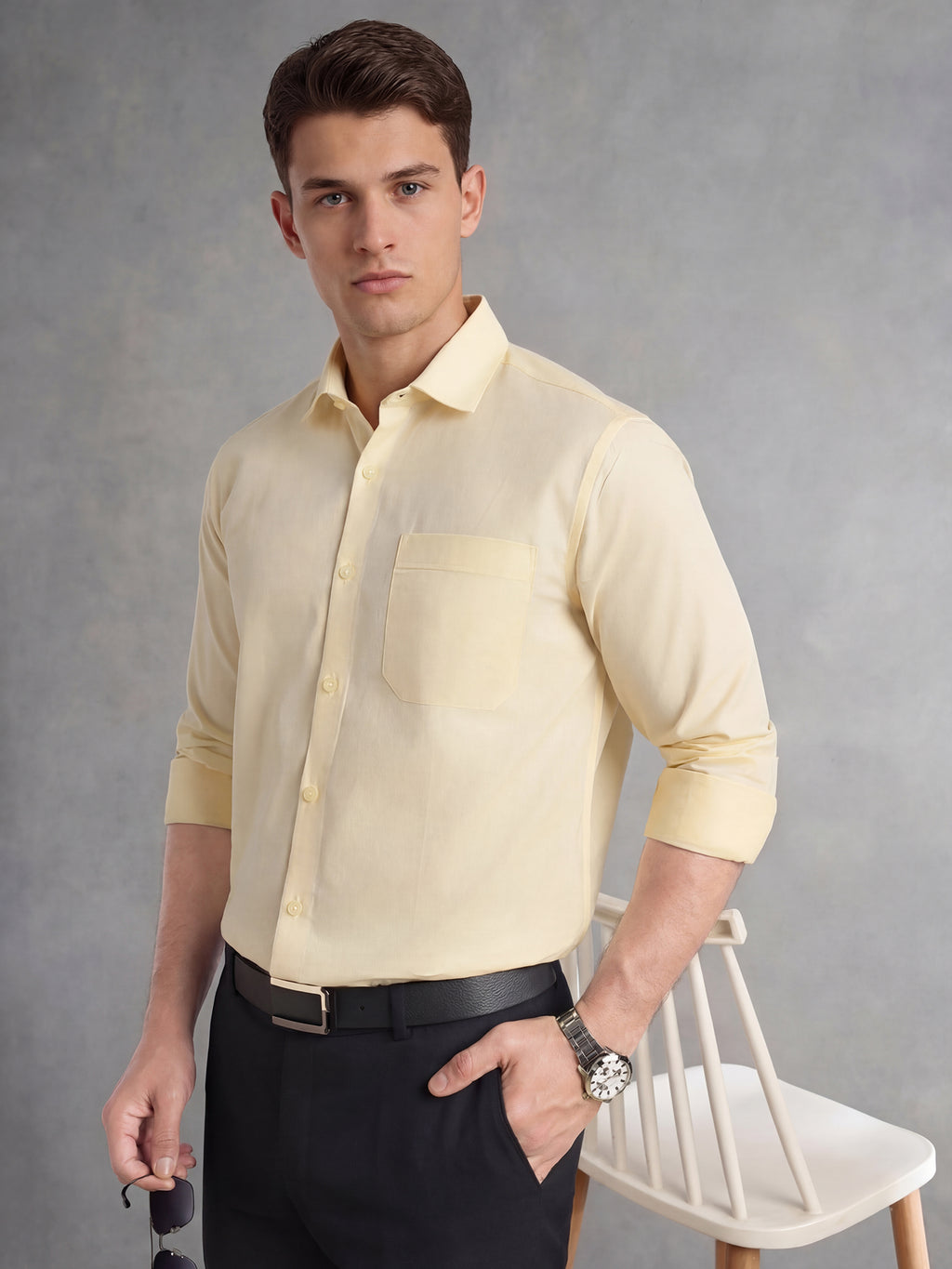 Thomas Scott Men Lemon Regular Fit Long Sleeves Spread Collar with Twill Tape Solid 100% Cotton Formal Shirt