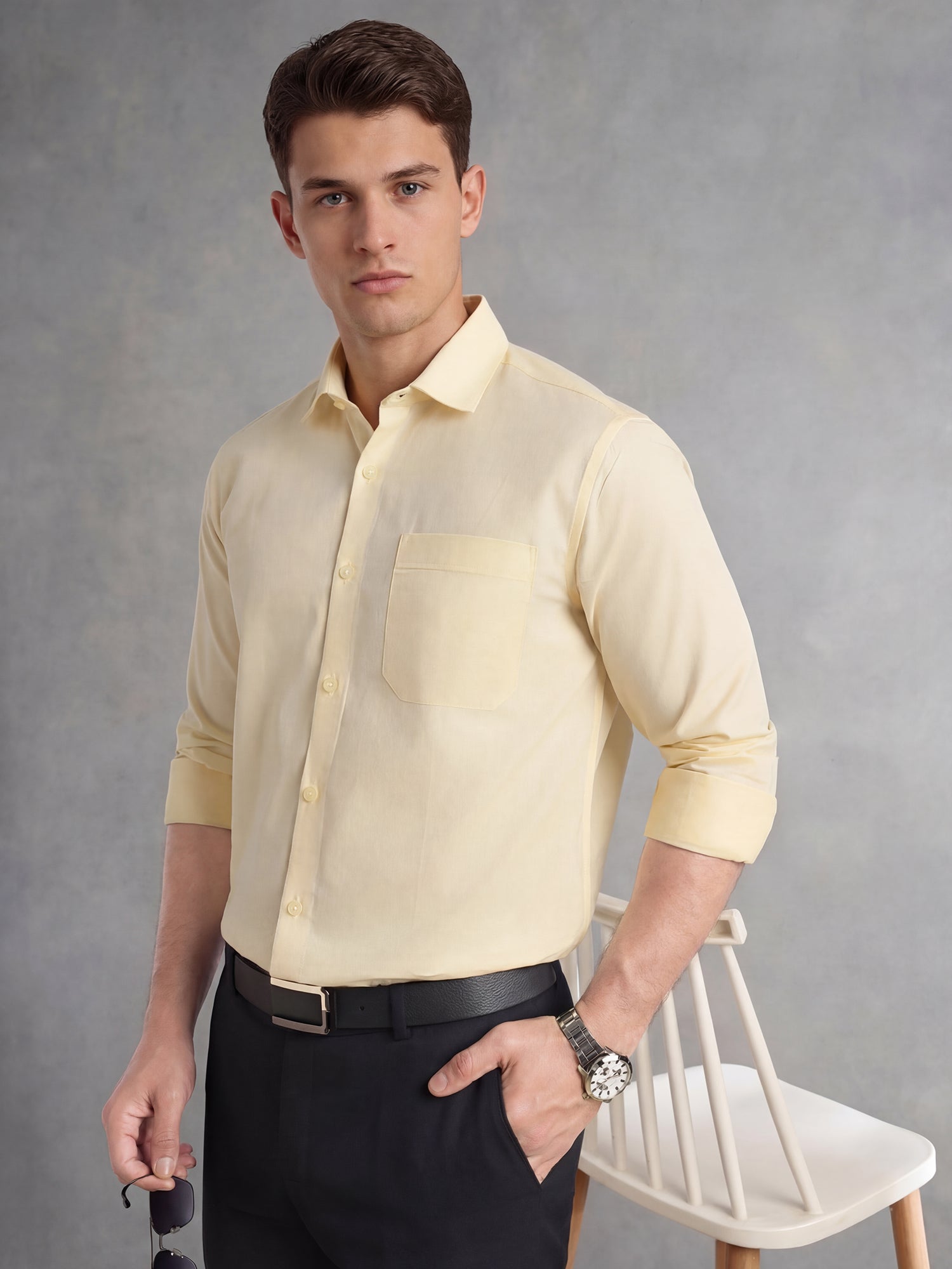 Thomas Scott Men Lemon Regular Fit Long Sleeves Spread Collar with Twill Tape Solid 100% Cotton Formal Shirt