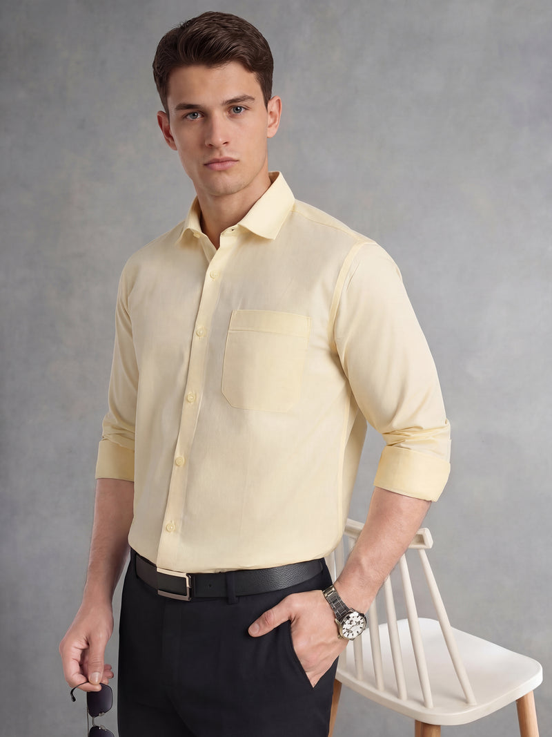 Thomas Scott Men Lemon Regular Fit Long Sleeves Spread Collar with Twill Tape Solid 100% Cotton Formal Shirt