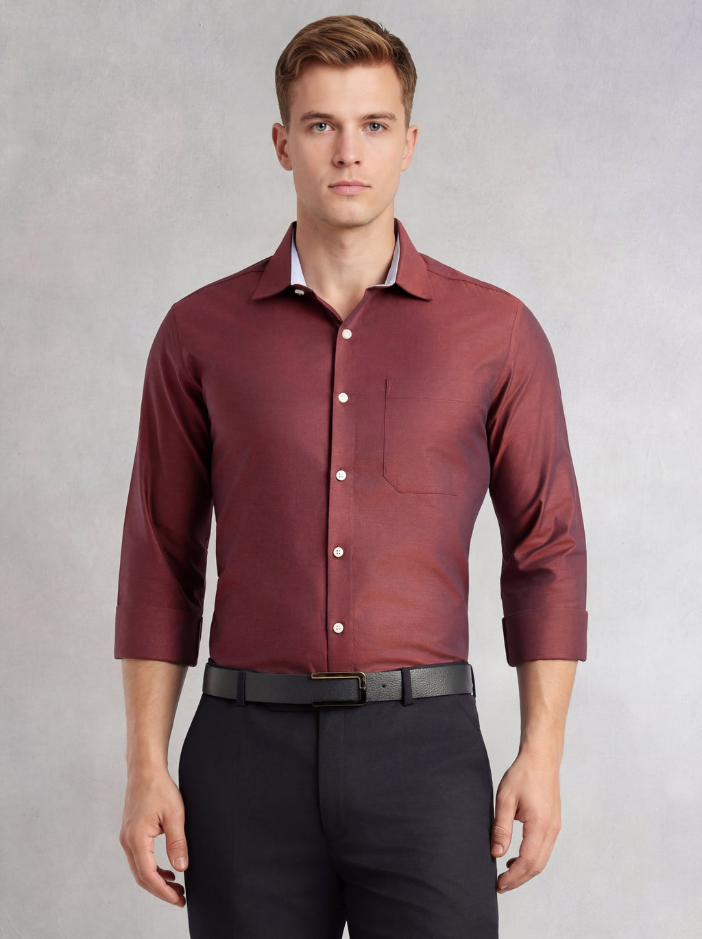 Thomas Scott Men Red Regular Fit Long Sleeves Spread Collar with Contrast Fabric Solid 100% Cotton Formal Shirt