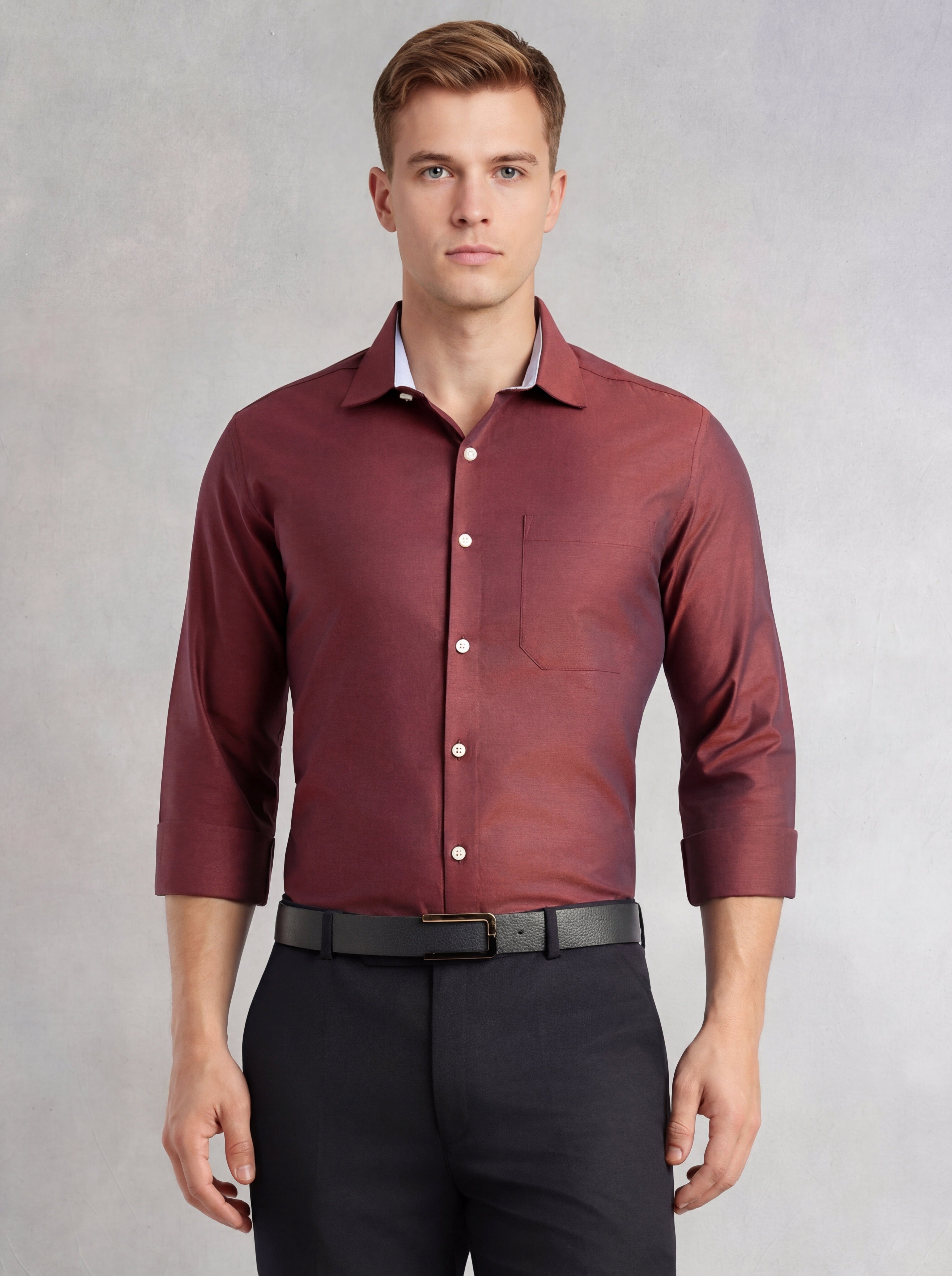 Thomas Scott Men Red Regular Fit Long Sleeves Spread Collar with Contrast Fabric Solid 100% Cotton Formal Shirt
