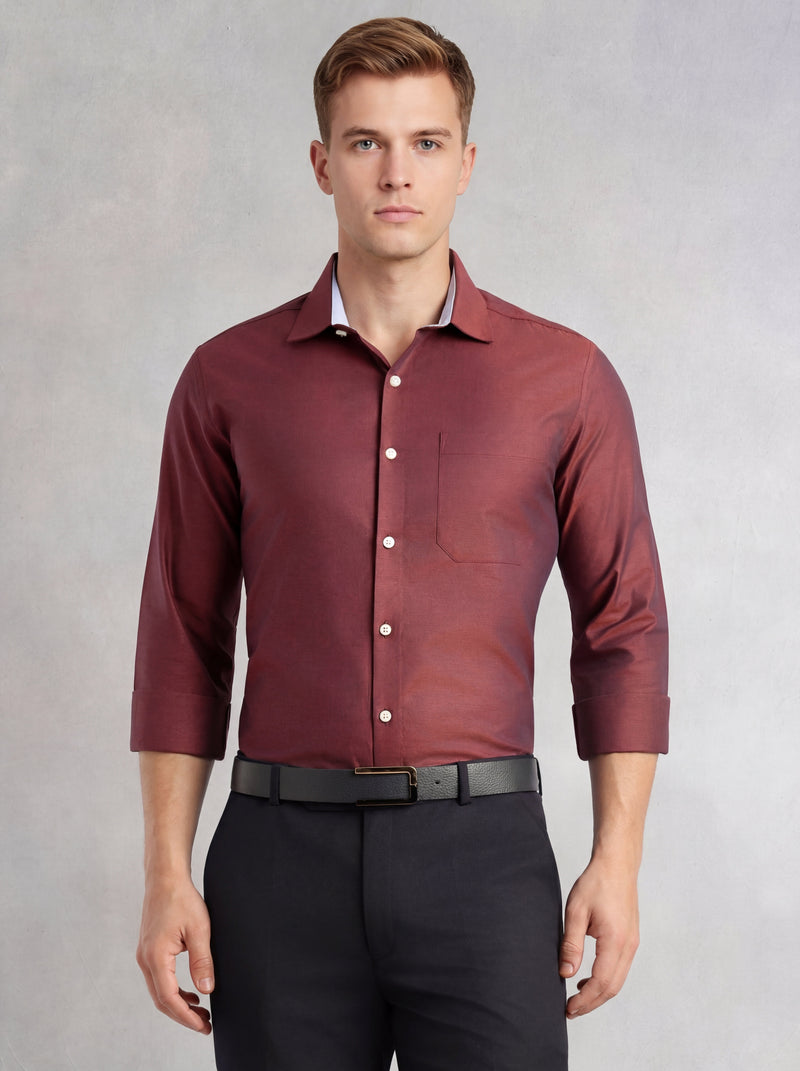 Thomas Scott Men Red Regular Fit Long Sleeves Spread Collar with Contrast Fabric Solid 100% Cotton Formal Shirt
