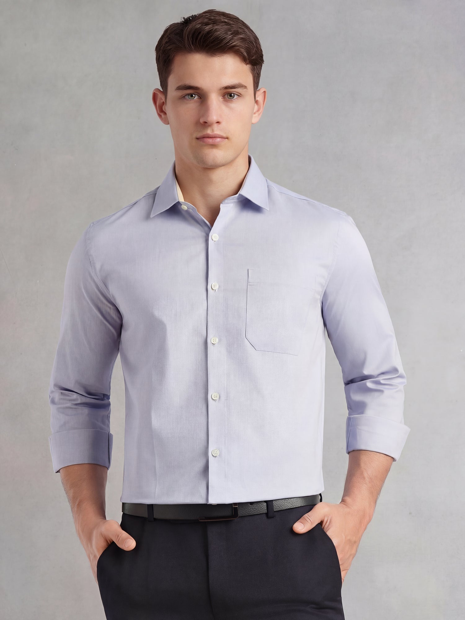 Thomas Scott Men Blue Regular Fit Long Sleeves Spread Collar with Contrast Fabric Solid 100% Cotton Formal Shirt