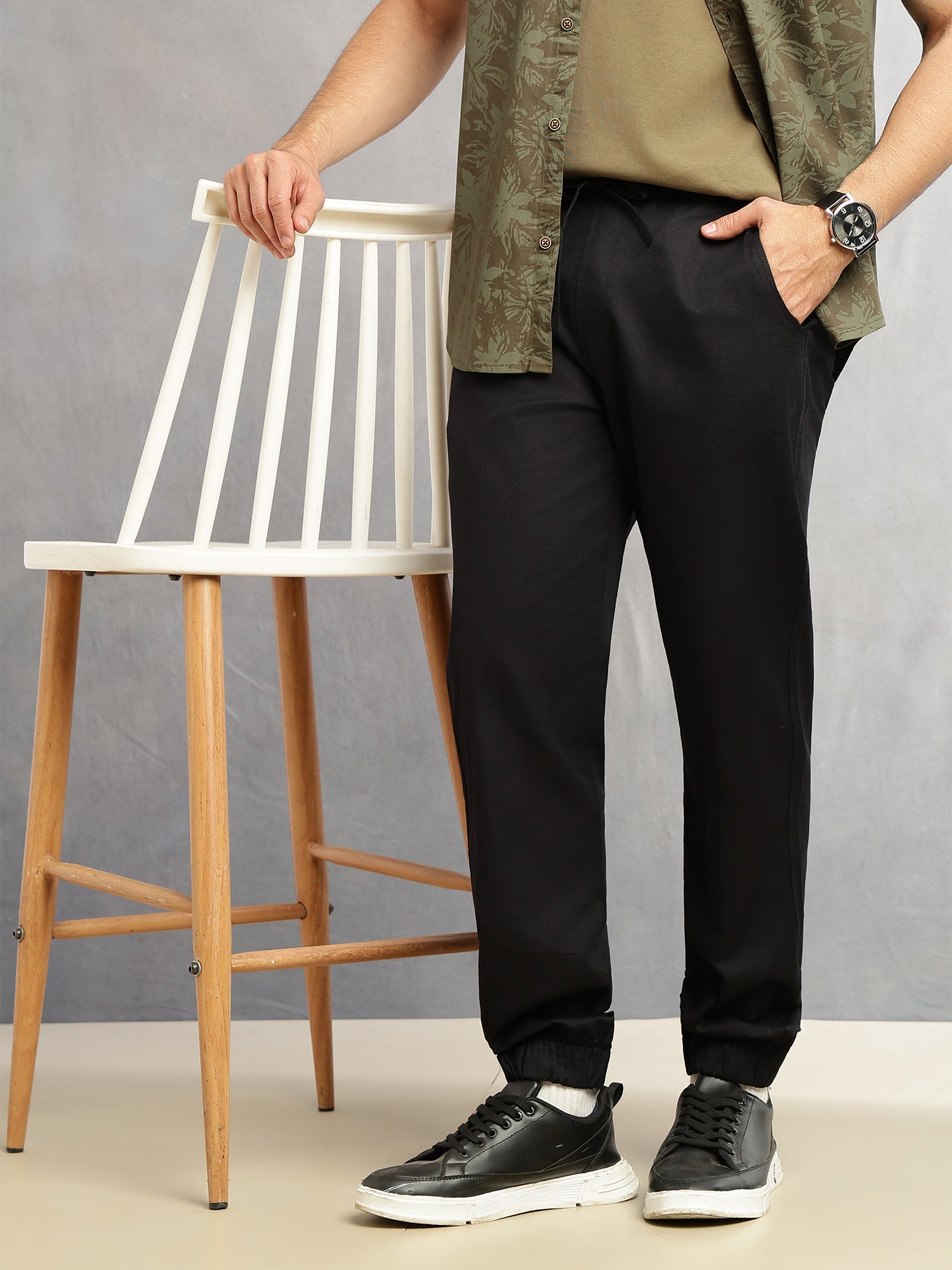 Thomas Scott Men Black Cricket Club Collection Regular Fit Mid-Rise Woven Joggers with Drawstring & 4 Utility Pockets