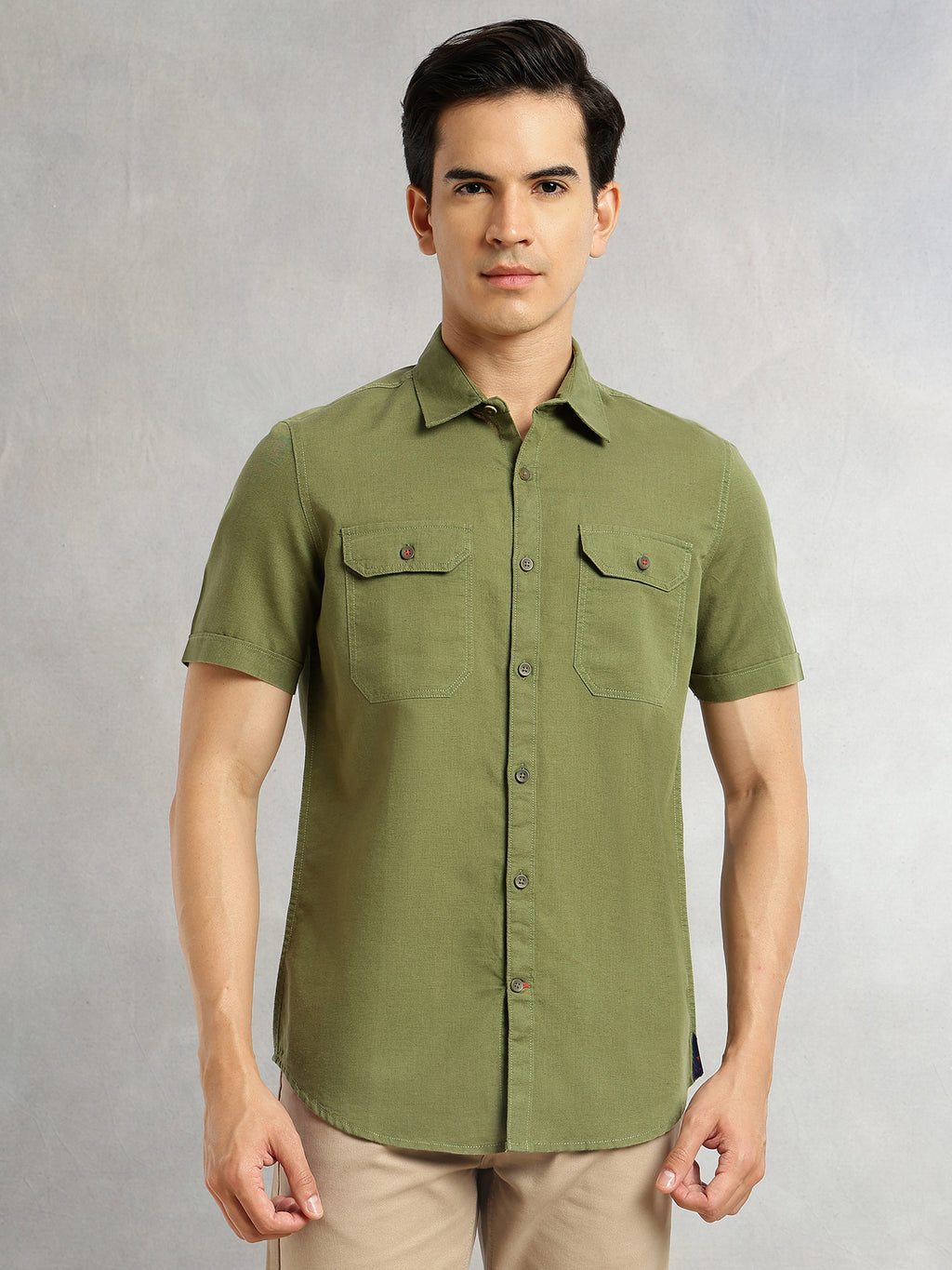 Thomas Scott Men Olive Premium Short Sleeves Slim Fit Spread Collar 2 Flap Pockets Solid Cotton Linen Casual Shirt