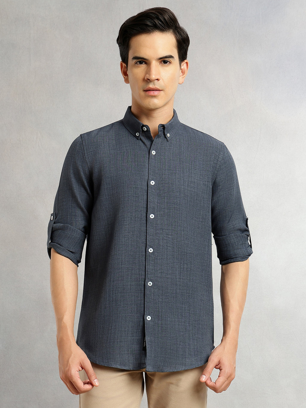 Thomas Scott Men Mid Blue Slim Fit Long Sleeves Button-Down Collar Polyester Casual Shirt