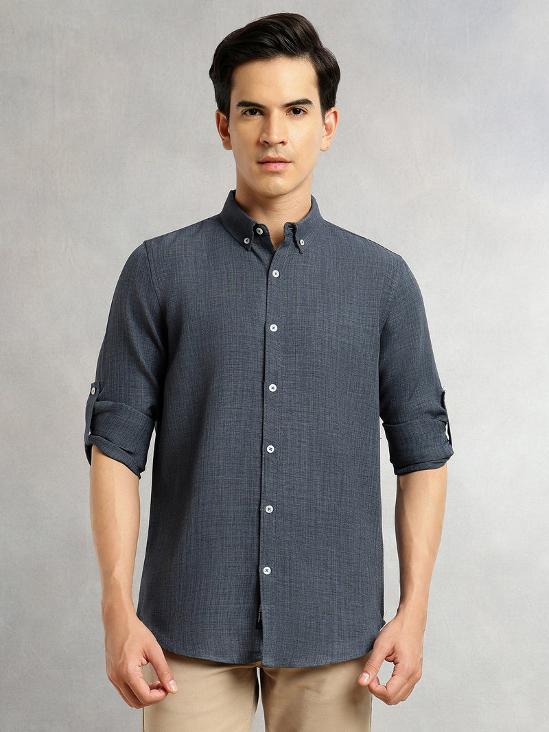 Thomas Scott Men Mid Blue Slim Fit Long Sleeves Button-Down Collar Polyester Casual Shirt