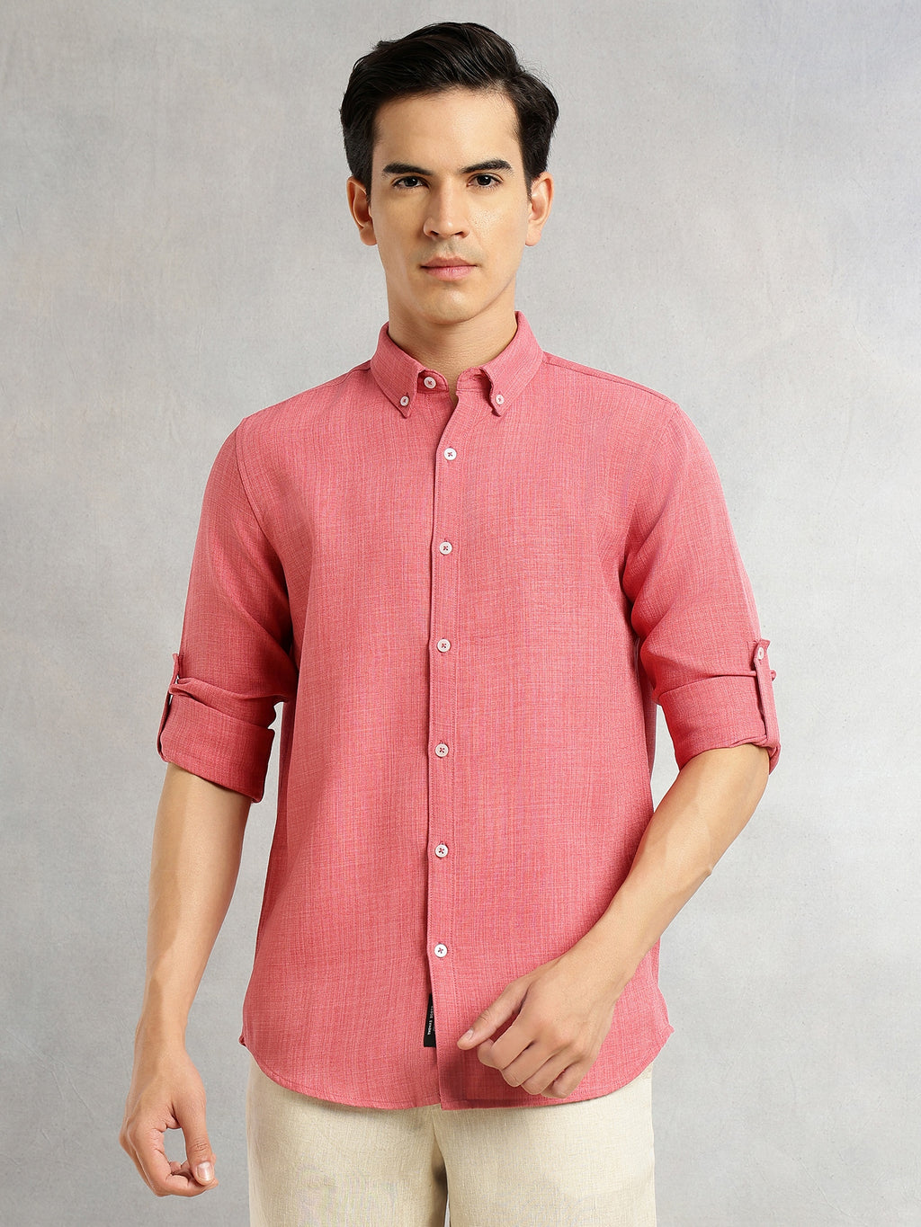 Thomas Scott Men Royal Pink Slim Fit Long Sleeves Button-Down Collar Polyester Casual Shirt