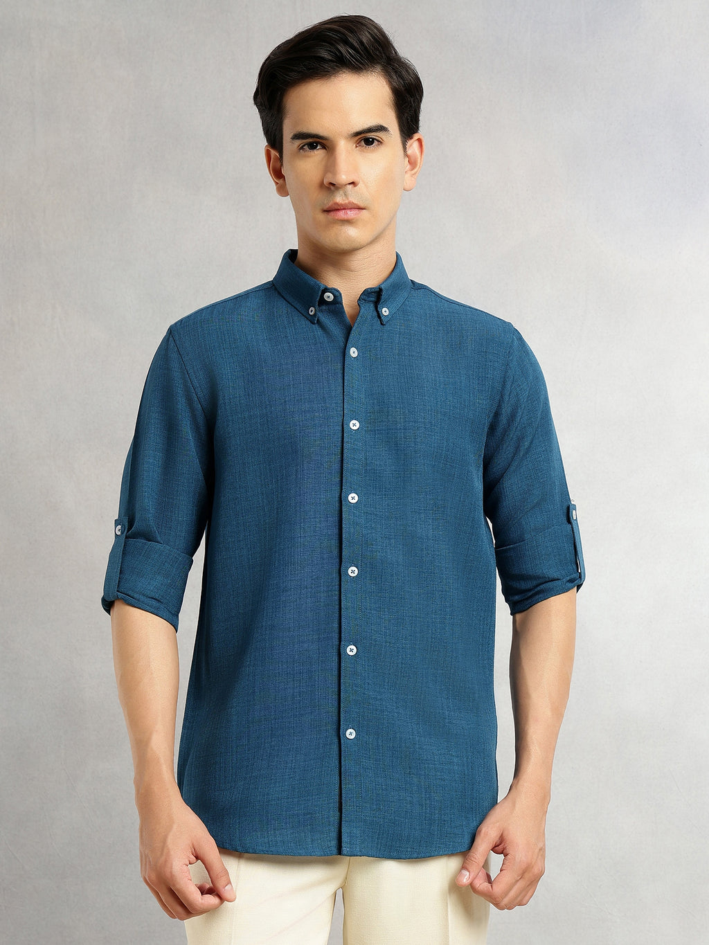 Thomas Scott Men Peacock Slim Fit Long Sleeves Button-Down Collar Polyester Casual Shirt