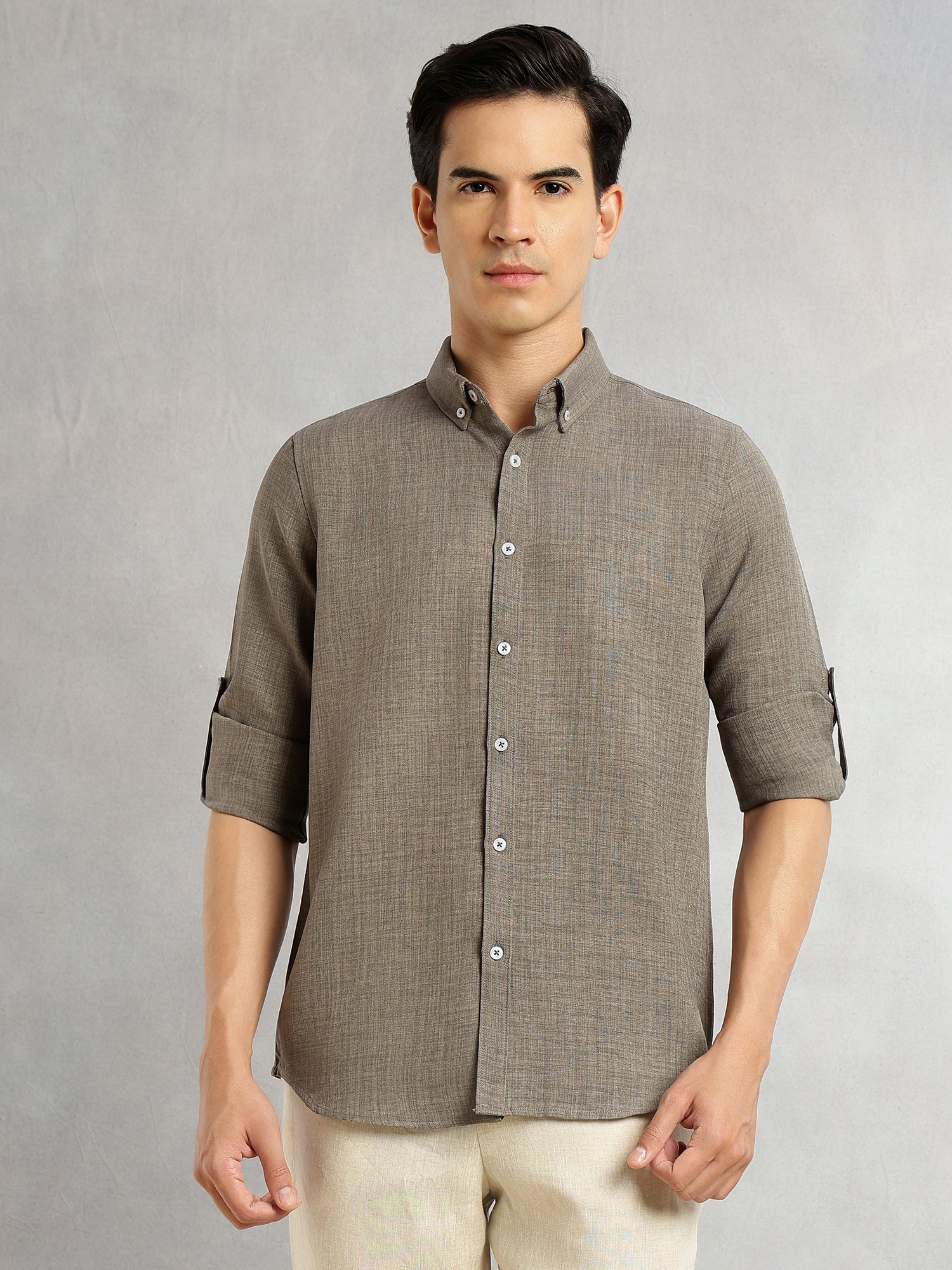 Thomas Scott Men Ivory Slim Fit Long Sleeves Button-Down Collar Polyester Casual Shirt