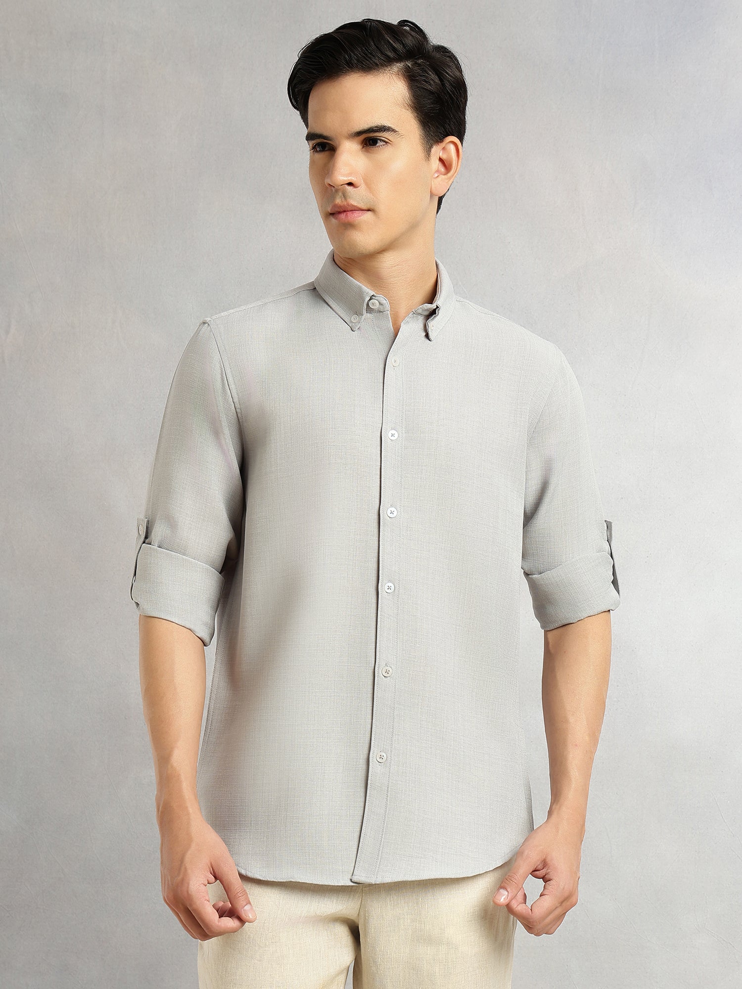 Thomas Scott Men Ice Slim Fit Long Sleeves Button-Down Collar Polyester Casual Shirt