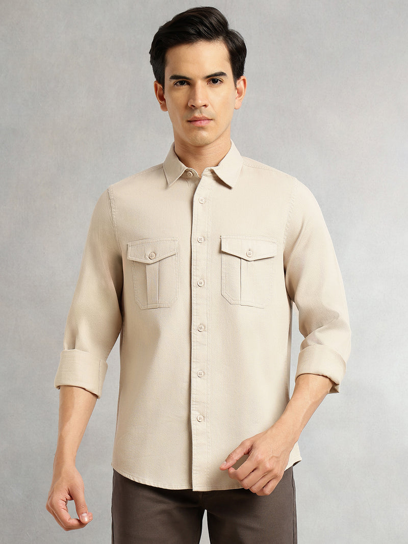 Thomas Scott Men Beige Cricket Club Collection Men Slim Fit Cotton Casual Shirt-Dual Flap Pocket