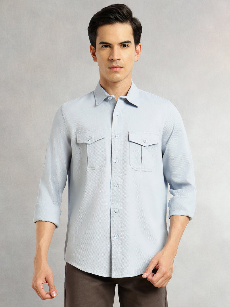 Thomas Scott Men Blue Cricket Club Collection Men Slim Fit Cotton Casual Shirt-Dual Flap Pocket