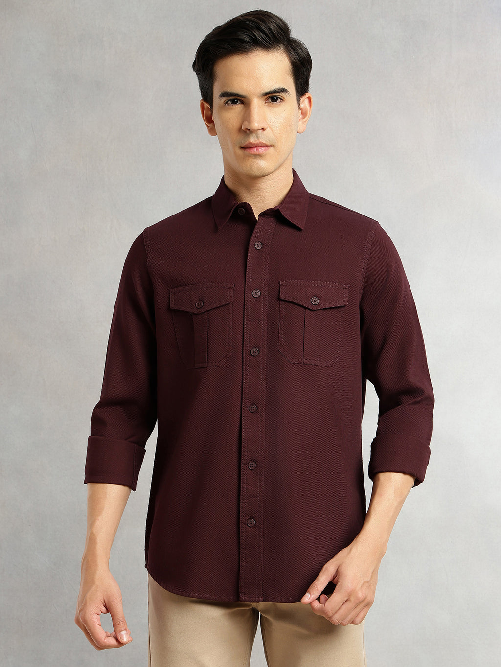 Thomas Scott Men Wine Cricket Club Collection Men Slim Fit Cotton Casual Shirt-Dual Flap Pocket